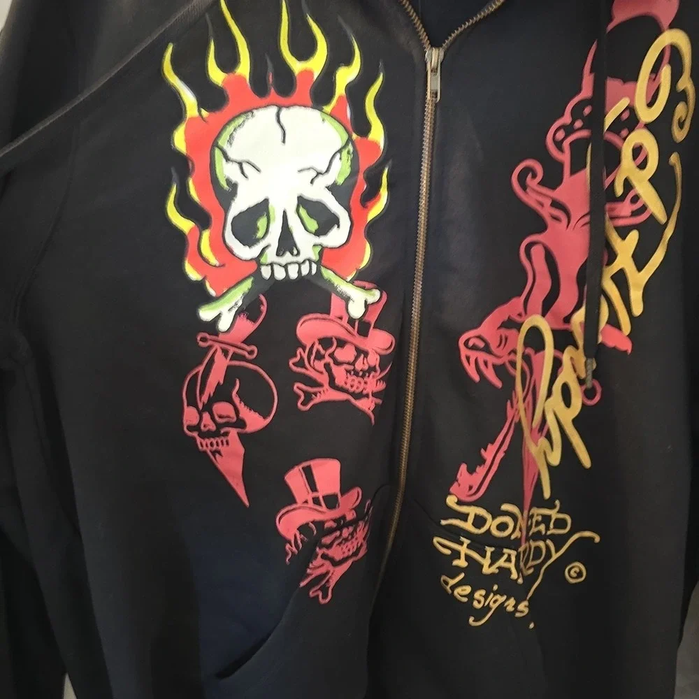 Ed Hardy "Skulls" Graphic Print  Size XL Full Zip Fleece Hoodie Black NWT - Picture 5 of 13